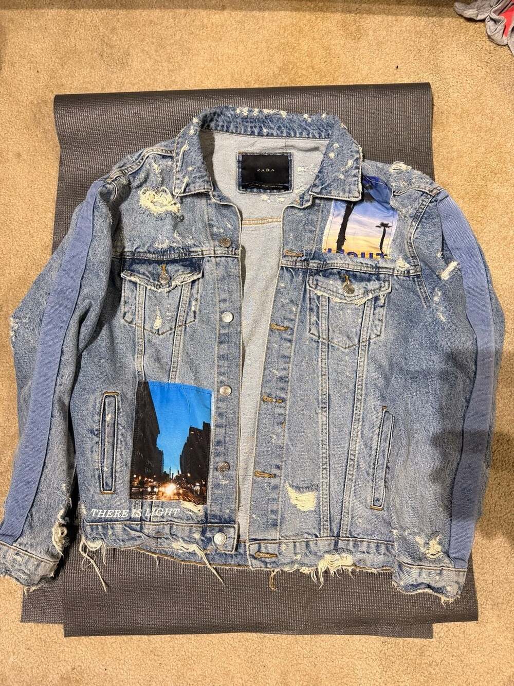 Zara Distressed Denim Jacket With Photo Patches size Medium
